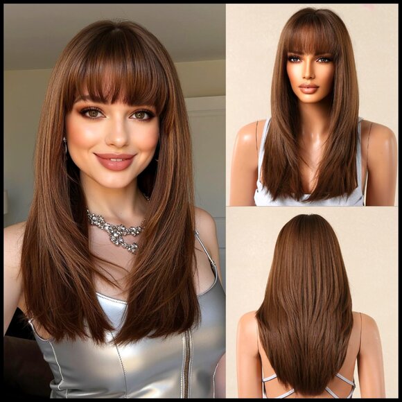 Synthetic Straight Wig With Bangs Shoulder Length Layered Natural Looking Daily